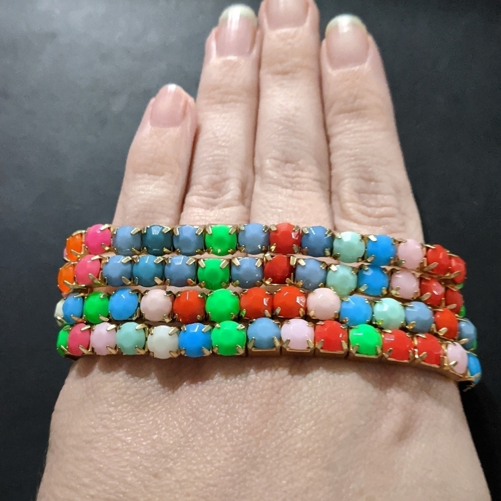 Gold Tone Multi Color Rainbow Rhinestone Stretchy Statement Bracelet Set…